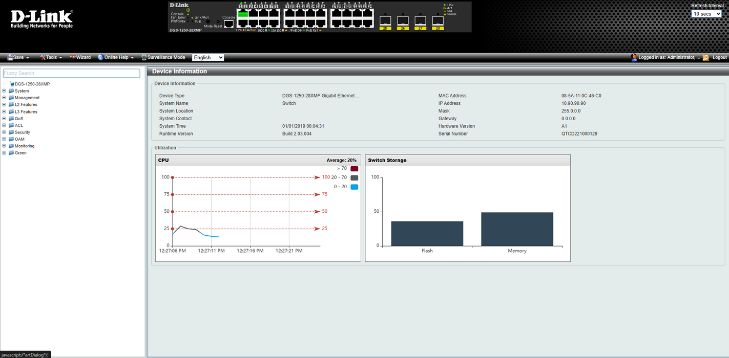 D-Link DGS-1250-28XMP | 28-Port Gigabit PoE+ 370W, 4x 10G SFP+ Switch )