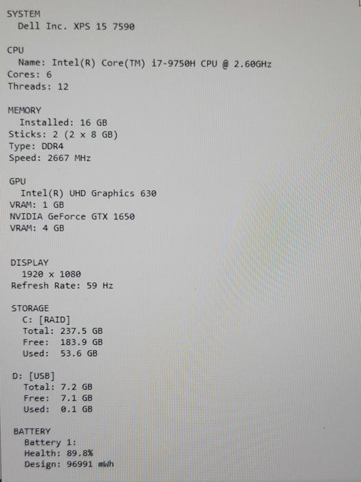 Dell XPS 15 7590 i7-9750H 16GB DDR4 GTX 1650 256GB NVMe Qβ Lap200
