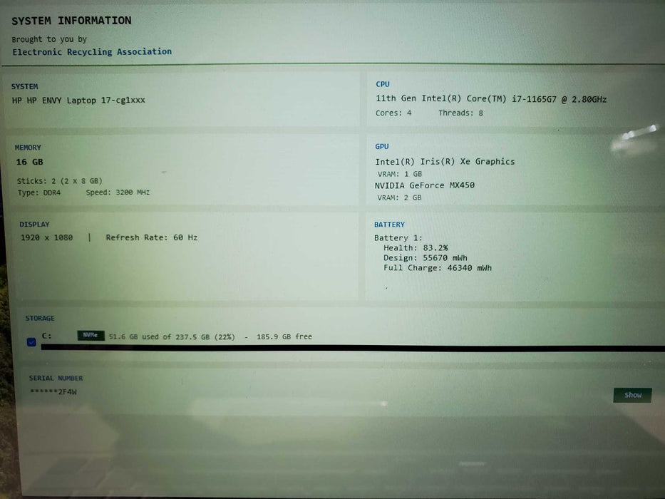 HP Envy 17t-cg100 17.3" Intel Core i7-1165G7 2.8GHz 16GB RAM 256GB READ  Lap200