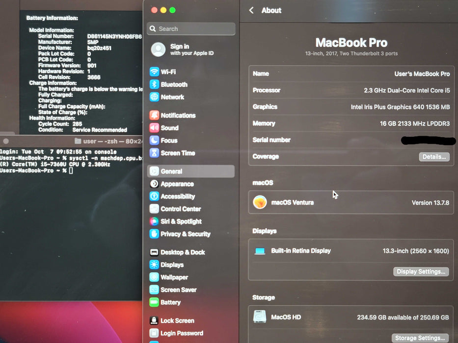Apple MacBook Pro 13" 2017 i5-7360U 16GB DDR3L 250GB SSD FR Keyboard Service Battery β