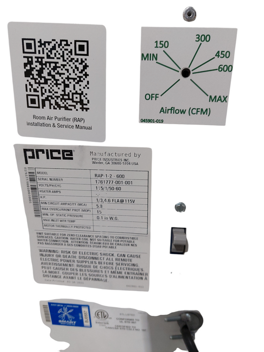 RAP – Room Air Purifier (Filtering System) 600CFM Model:RAP -1-2 600  =