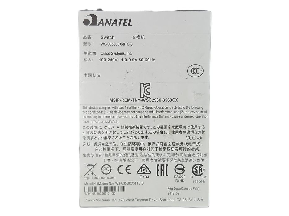 Cisco WS-C3560CX-8TC-S V04, 8-port Gigabit 2-port SFP compact Switch