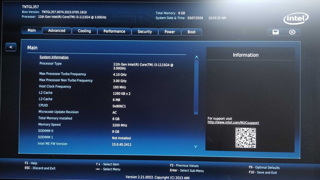 Intel NUC 11 NUC11TNHi3000, Core i3-1115G4 CPU 8GB DDR4 RAM  256GB NVMe