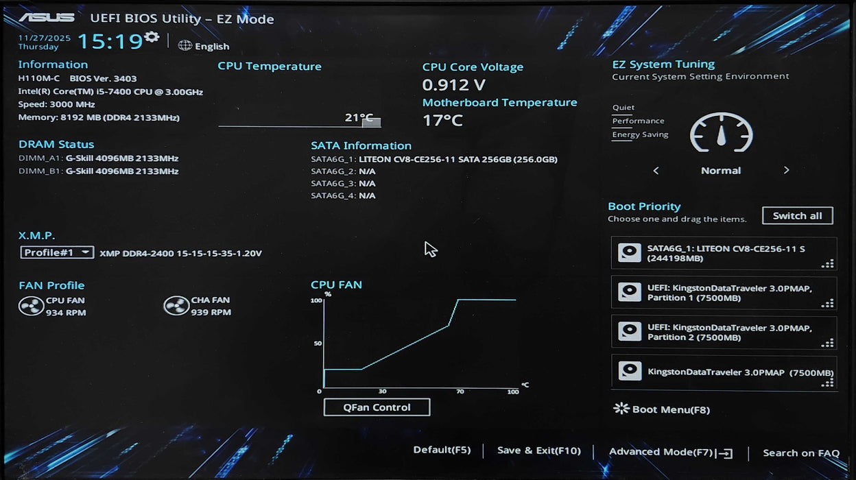 Custom PC, ASUS H110M-C, i5-7400 3.00GHz, 8GB DDR4, 256GB SSD, GTX1060