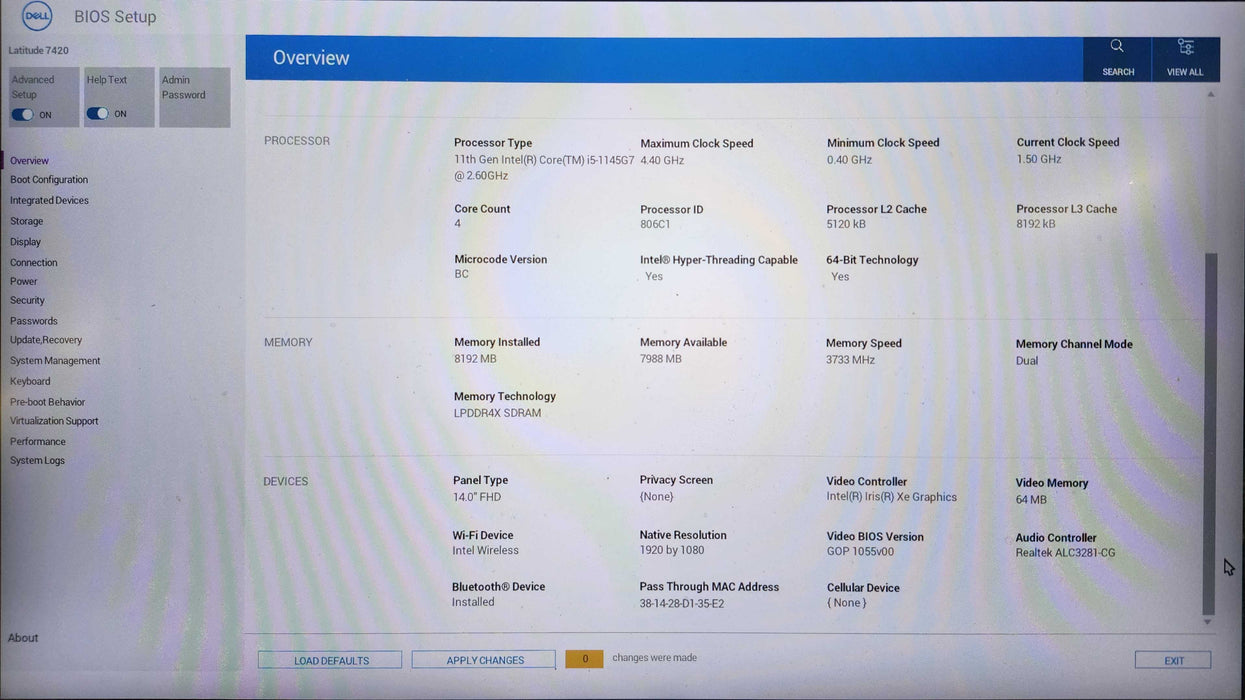 Dell Latitude 7420, i5-1145G7 2.60GHz, 8GB DDR4, 256GB NVMe, No AC  Lap200