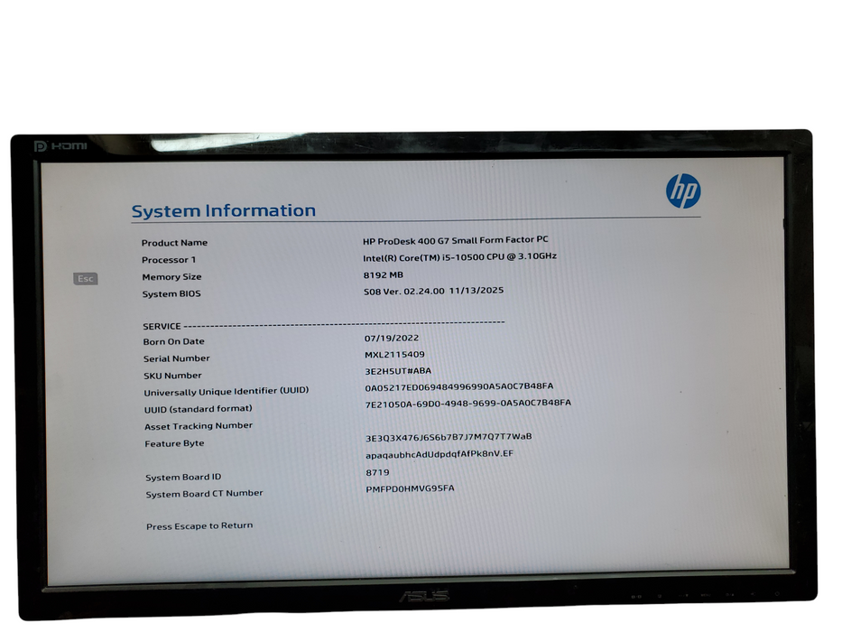 HP ProDesk 400 G7 SFF, i5-10500@3.10GHz, 8GB DDR4, 256GB NVMe, No OS