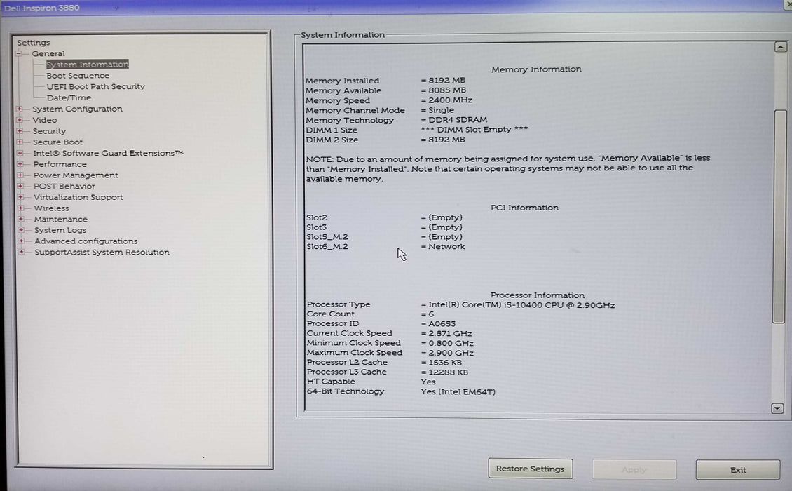 Dell Inspiron 3880 Tower Intel i5-10400 CPU 2.90GHz 8GB RAM No HDD