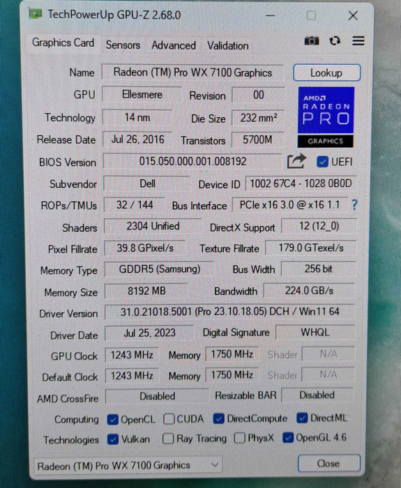 AMD Radeon Pro WX7100 8GB GDDR5 Graphics Card | 4x Display Port )