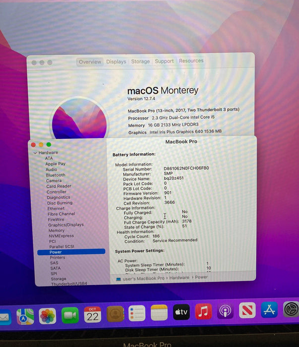 Apple MacBook Pro 13" 2017 i5-7360U 16GB 256SSD Battery Service Recommended
