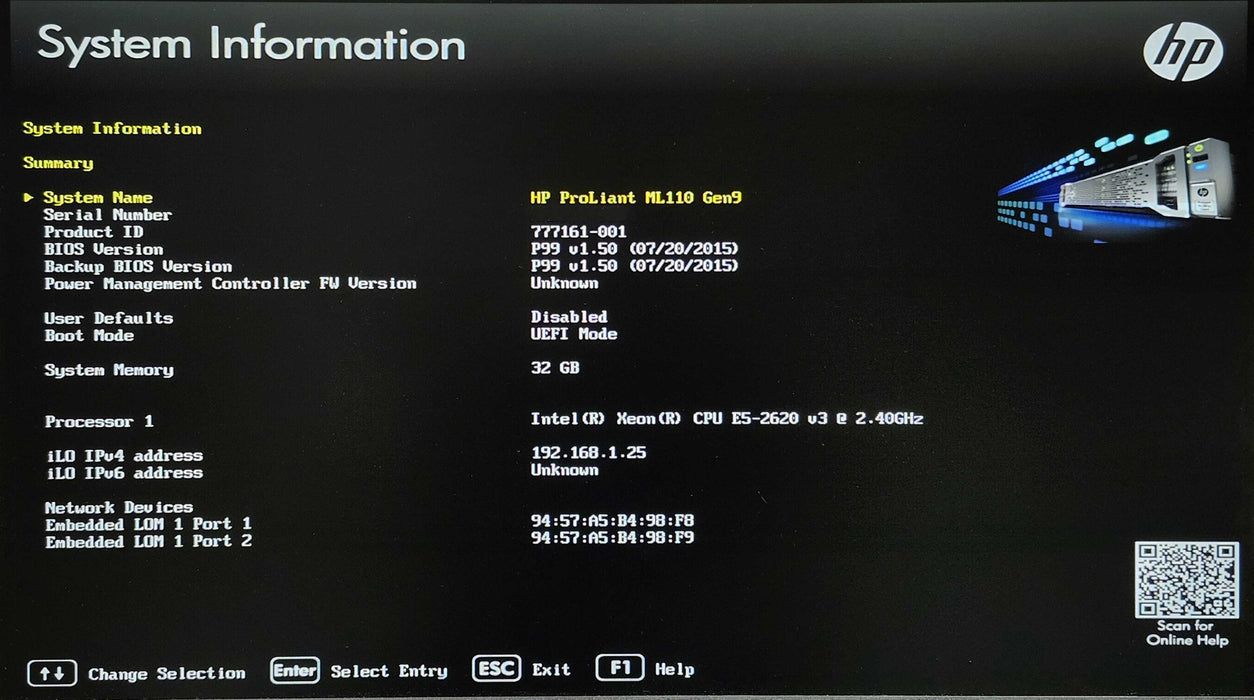 HP ML110 Gen9, Xeon E5-2620 v3, 32GB DDR4, B140i, No HDD