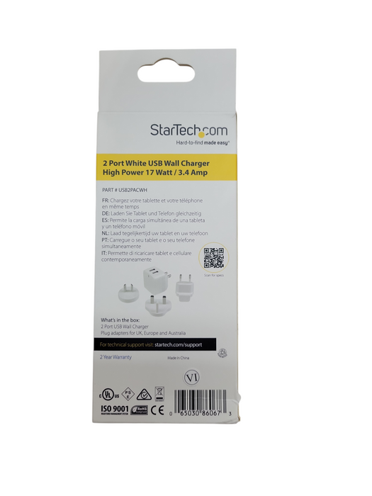 StarTech 2 Port USB Wall Charger High Power 17 Watt / 3.4 AMP (NEW) Q%