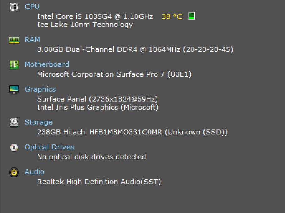 Microsoft Surface Pro 7, i5-1035G4 1.10GHz, 8GB DDR4, 256GB SSD w/ PWR  Lap200