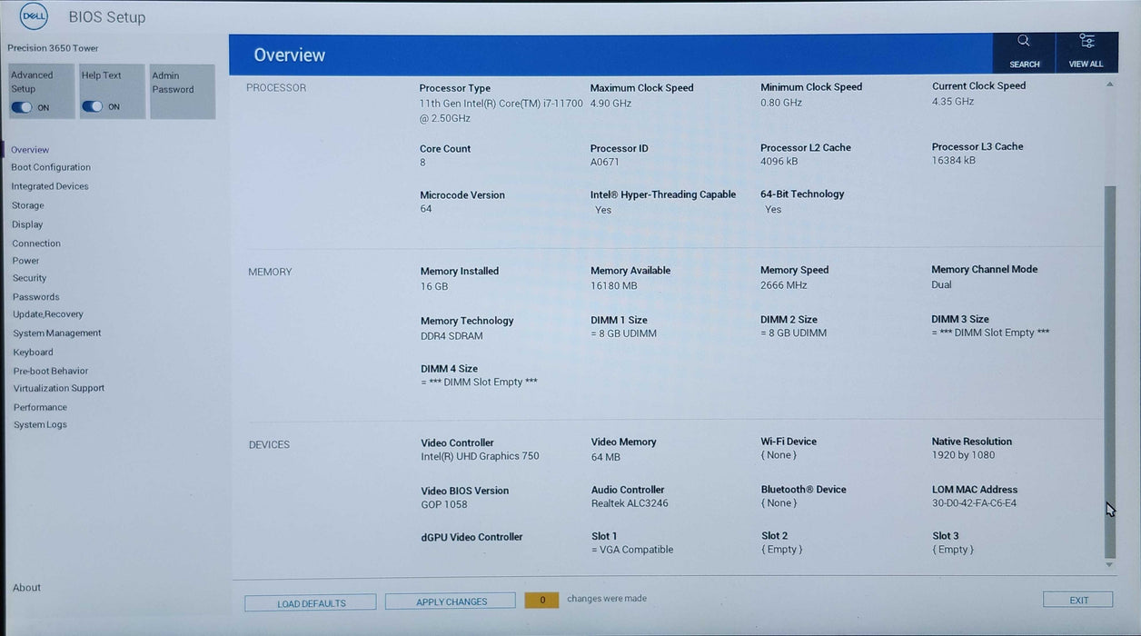 Dell Precision 3650 Tower, i7-11700 2.50GHz, 16GB DDR4, 512GB NVMe