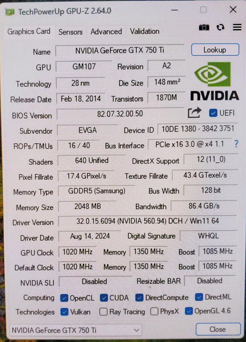 EVGA GeForce GTX 750Ti 2GB GDDR5 Graphics Card - 1xHDMI 1xDVI 1xDP