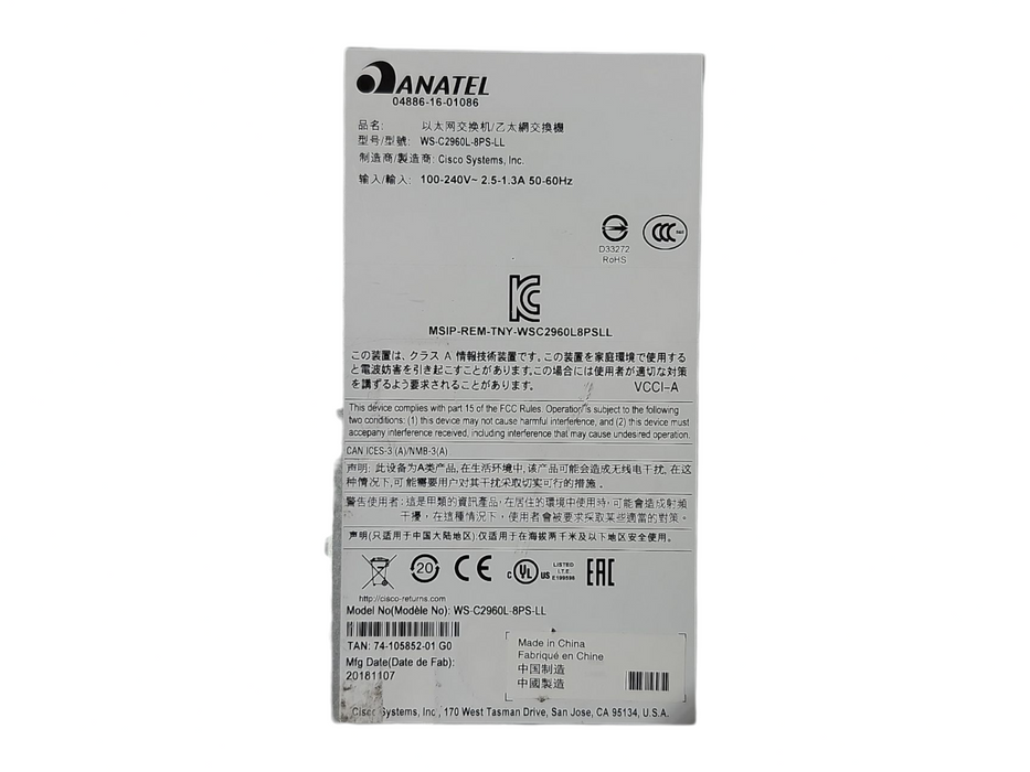 Cisco WS-C2960L-8PS-LLv01, 8-Port Gigabit PoE+ 2x SFP Silent Managed Switch