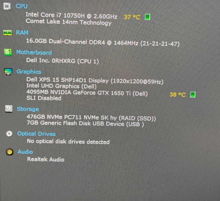 Dell XPS 15 9500 i7-10750H GTX1650 Ti 4GB GPU 16GB 512SSD No Power Adapter  Lap200