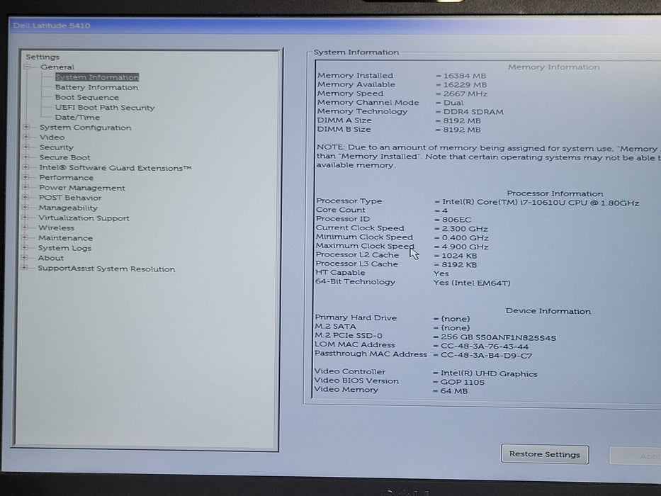Dell Latitude 5410 Intel Core i7-10610U 1.80GHz 16GB DDR4 256GB NVMe, SEE _ Lap200