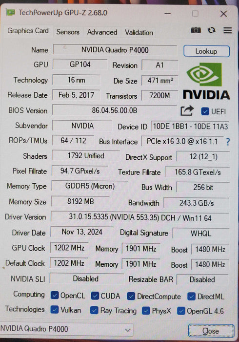 NVIDIA Quadro P4000 8GB GDDR5 Graphics Card - 4xDisplay Port