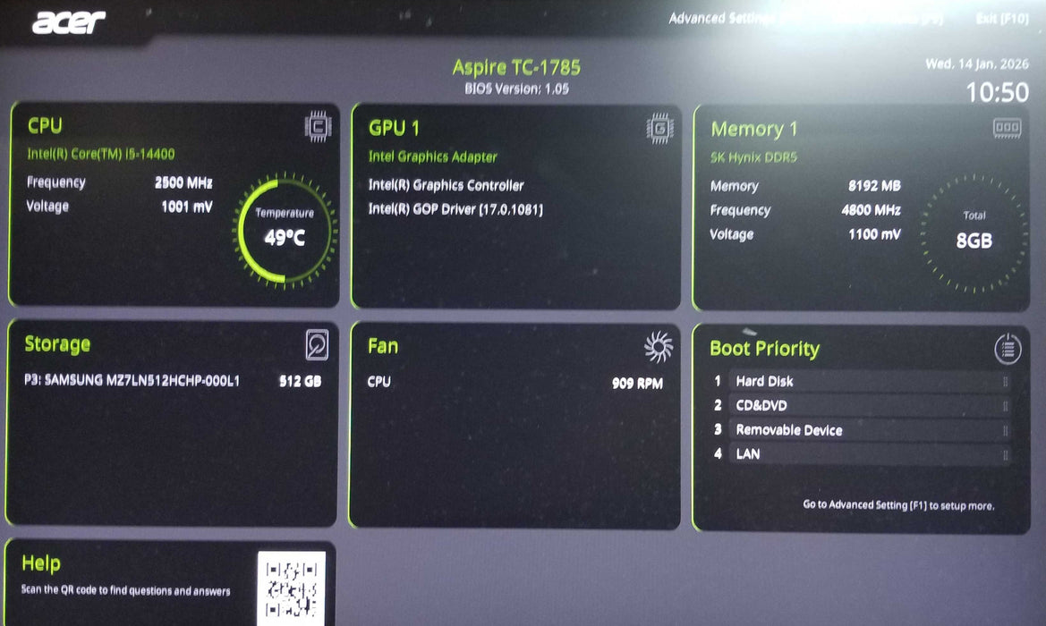 Acer Aspire Tower 14th Gen Core i5-14400 CPU 8GB RAM 512GB SSD