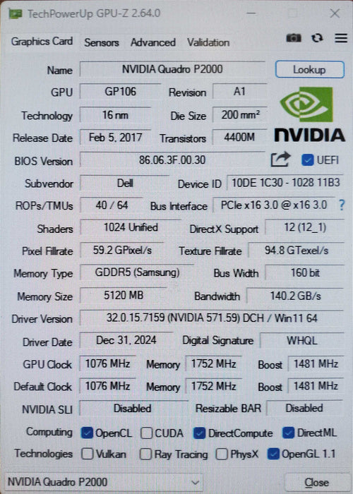 NVIDIA Quadro P2000 5GB GDDR5 Graphics Card | 4xDisplay Port Q