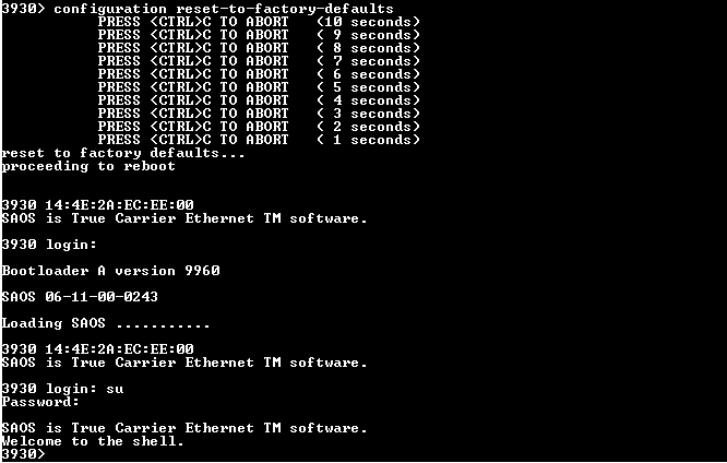 Ciena 3930 Ethernet Service Delivery Switch 170-3930-900, Factory Reset