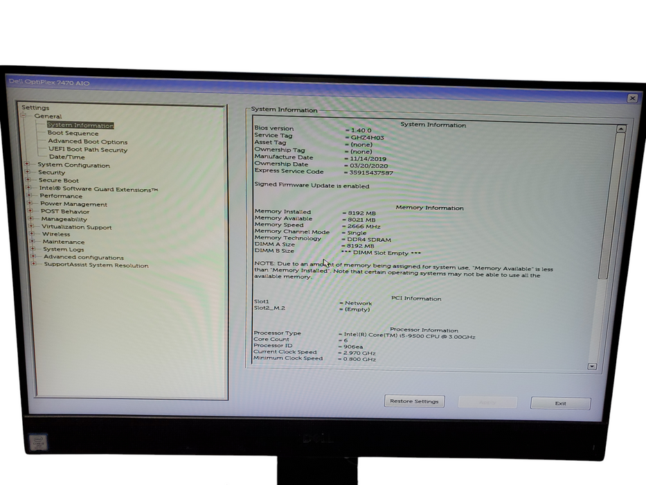 Dell OptiPlex 7470 AIO, i5-9500@3.00GHz, 8GB DDR4, 256GB SSD, no OS