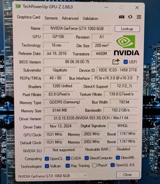 Gigabyte GeForce GTX 1060 6GB GDDR5 Graphics Card