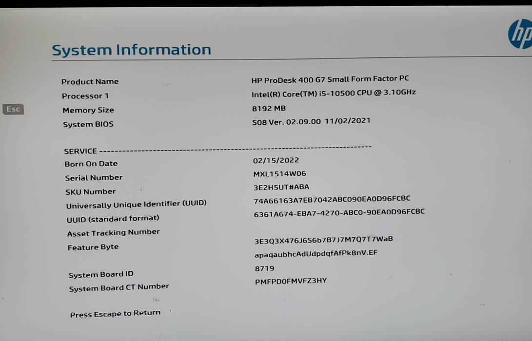 HP PRODESK SFF 400 G7 SFF Core I5-10500@3.1GHZ 8GB RAM NO-HDD/SSD  Q