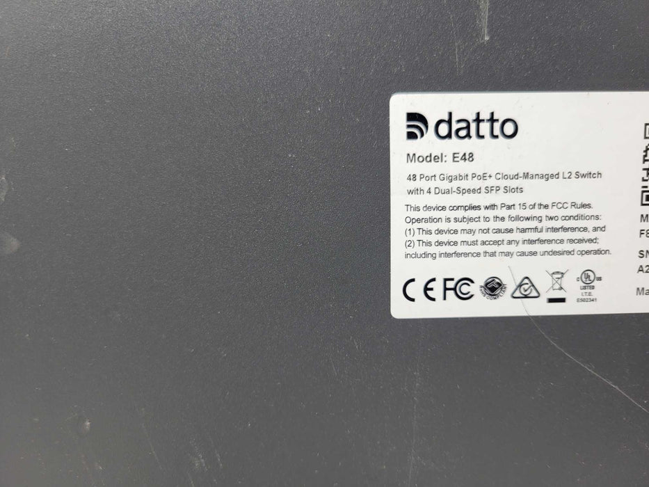 Datto E48 48-Port Gig PoE+ Cloud Managed L2 Switch w/ 4 Dual-Speed SFP READ _