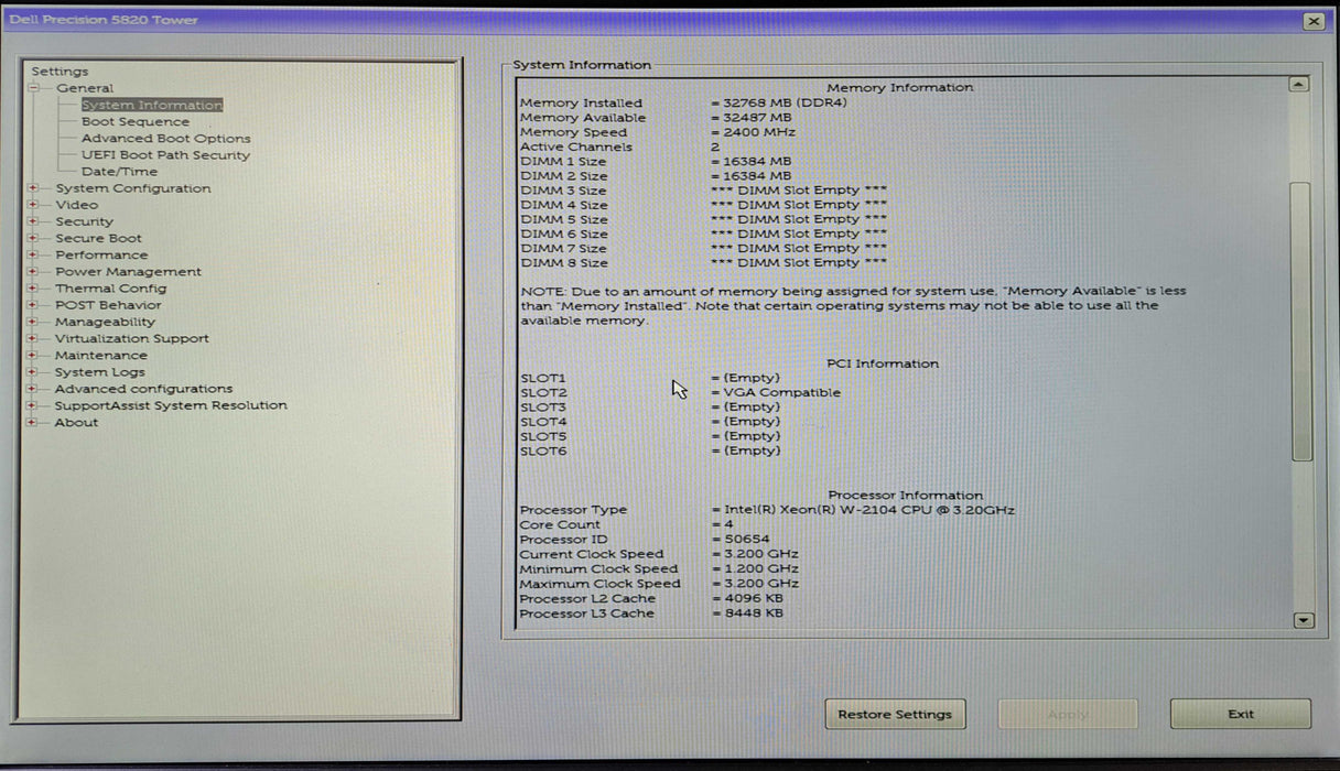 Dell Precision 5820 Tower | Xeon W-2104 @3.20GHz, 32GB DDR4, No HDD/GPU )