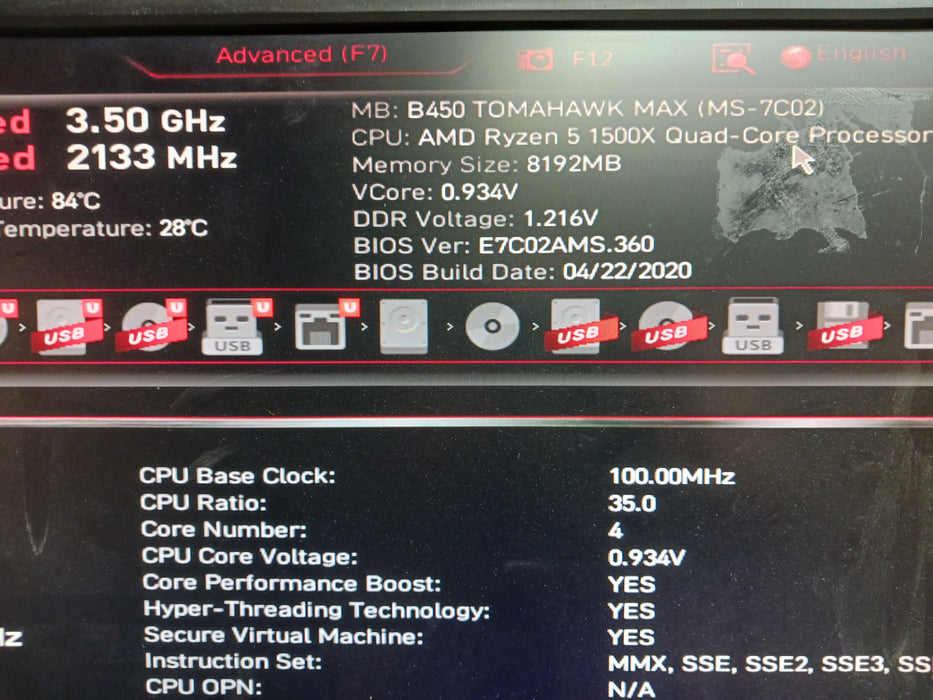MSI B450 Tomahawk Max & AMD Ryzen 5 1500X CPU 8GB DDR4 No I/O Shield