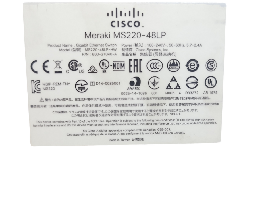 Cisco Meraki MS220-48LP-HW 48 Ports Rack Mount Gb Ethernet Switch UNCLAIMED _