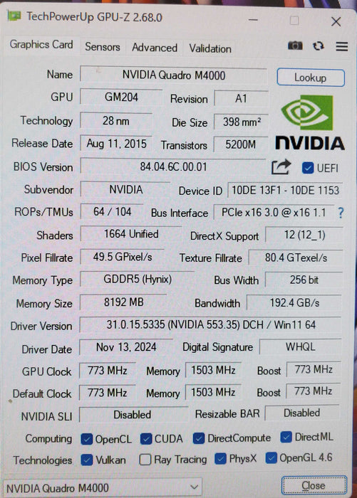 NVIDIA Quadro M4000 8GB GDDR5 Graphics Card - 4xDP
