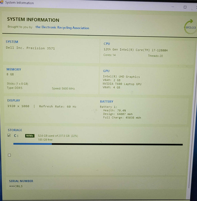Dell Precision 3571 i7-12800H @2.40GHz 8GB DDR5 256GB SSD  Lap200