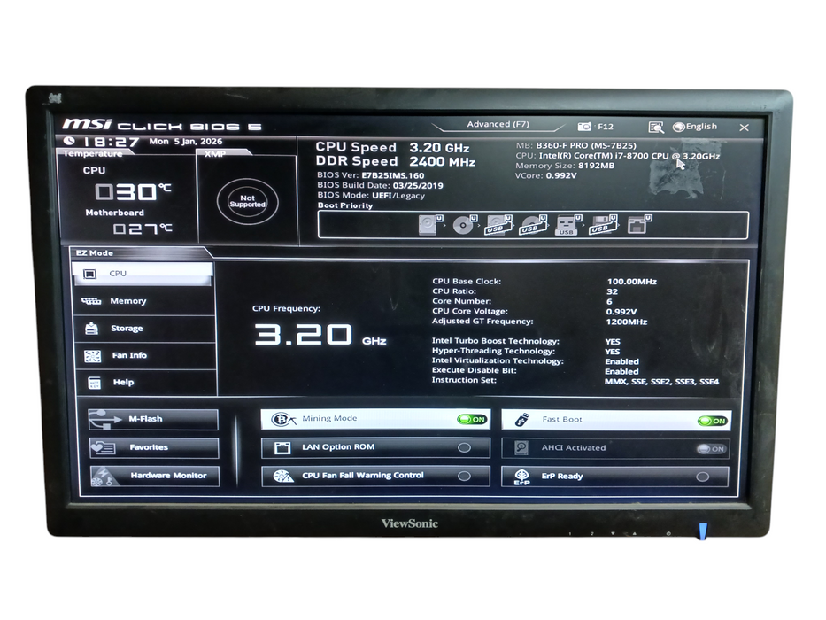 Custom PC Intel i7-8700 @ 3.2Ghz MSI B360-F Mining Motherboard 8GB DDR4
