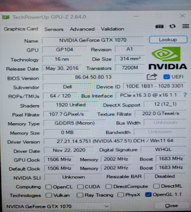 NVIDIA DELL GEFORCE GTX 1070 8GB GDDR5 GRAPHICS CARD !