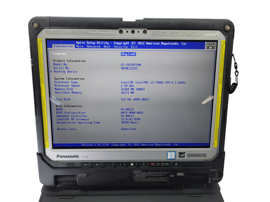 PANASONIC ToughBook CF-33 - Core i5-7300 16GB RAM 512GB 30920HRS Q% Lap200