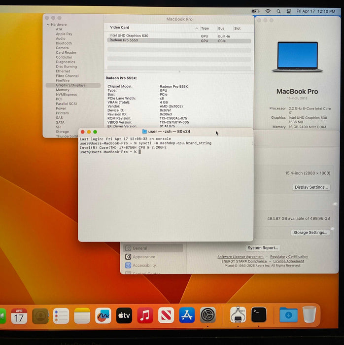 Apple MacBook Pro 15" 2018 i7-8750H Radeon Pro 555X 16GB RAM 512SSD READ!