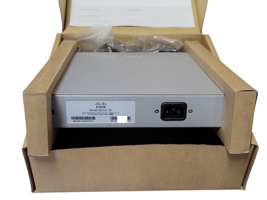 New Open-Box Cisco Meraki MS220-8P, 8-Port Gigabit PoE Network Switch Q_