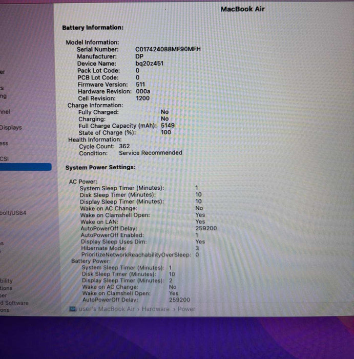 Apple MacBook Air 13" 2017 i5-5350U 8GB 256SSD Battery Service Recommended