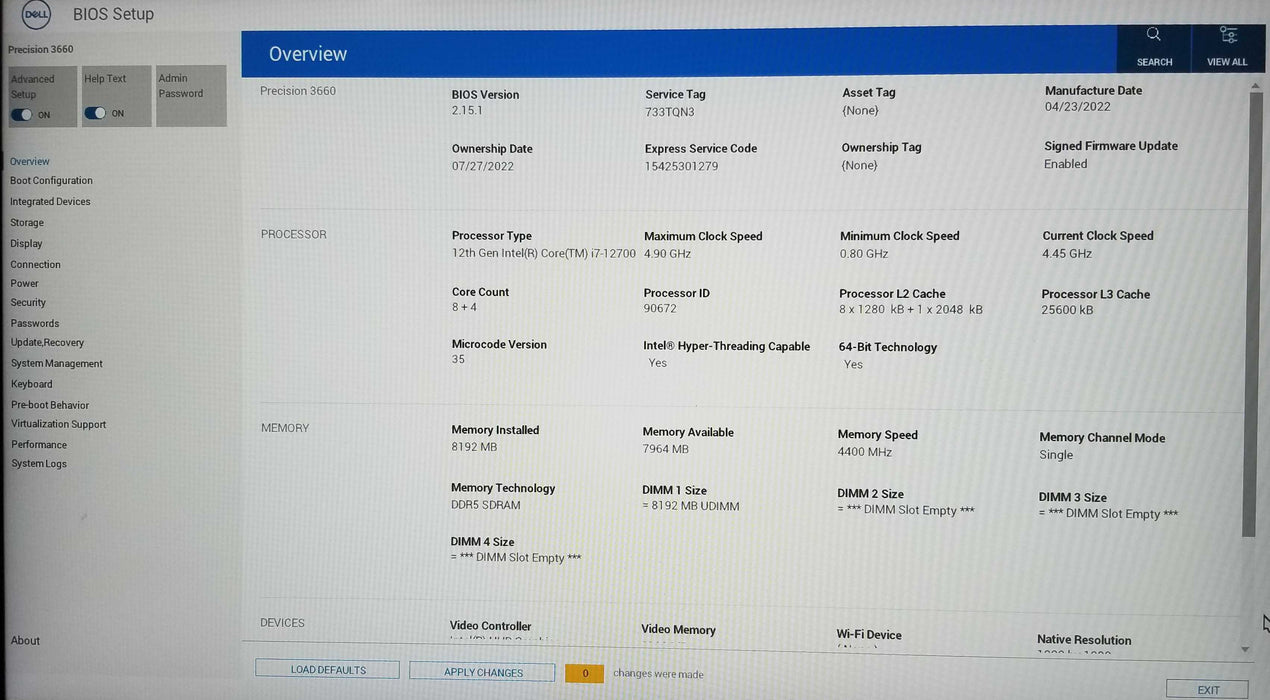 Dell Precision 3660 Tower 12th Gen i7-12700 CPU No RAM - No HDD