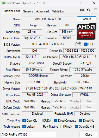 AMD FirePro W7100 8GB GDDR5 Graphics Card | 4x DisplayPort