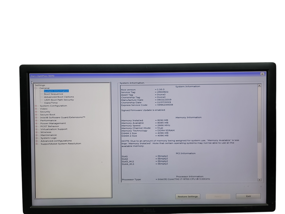 Dell OptiPlex 3070 SFF i7 - 9700 @ 3.00GHz 8GB DDR4 Ram No HDD  Q