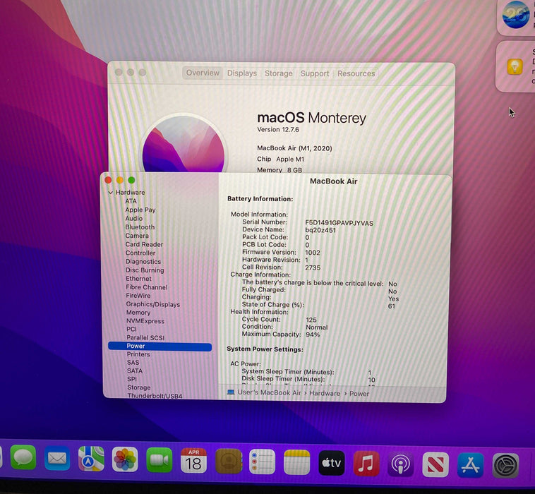 Apple MacBook  Air 13" 2020 M1 8GB RAM 256GB SSD No Power Adapter