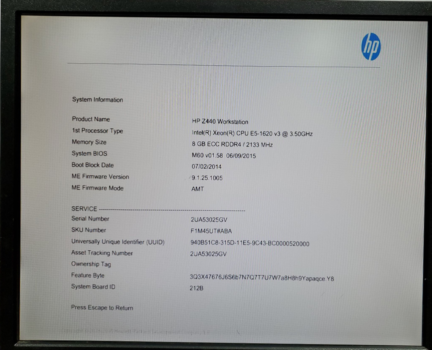 HP Z440 Workstation E5-1620 v3 @ 3.5GHz 8GB DDR4 Quadro k2200 GPU NO HDD