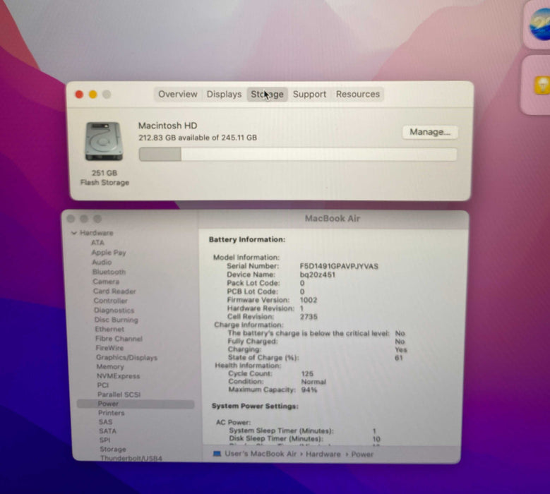 Apple MacBook  Air 13" 2020 M1 8GB RAM 256GB SSD No Power Adapter