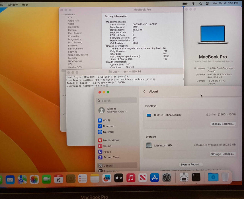 Apple MacBook Pro 13" 2017 i5-7360 16GB 256SSD FRENCH No Power Adapter READ