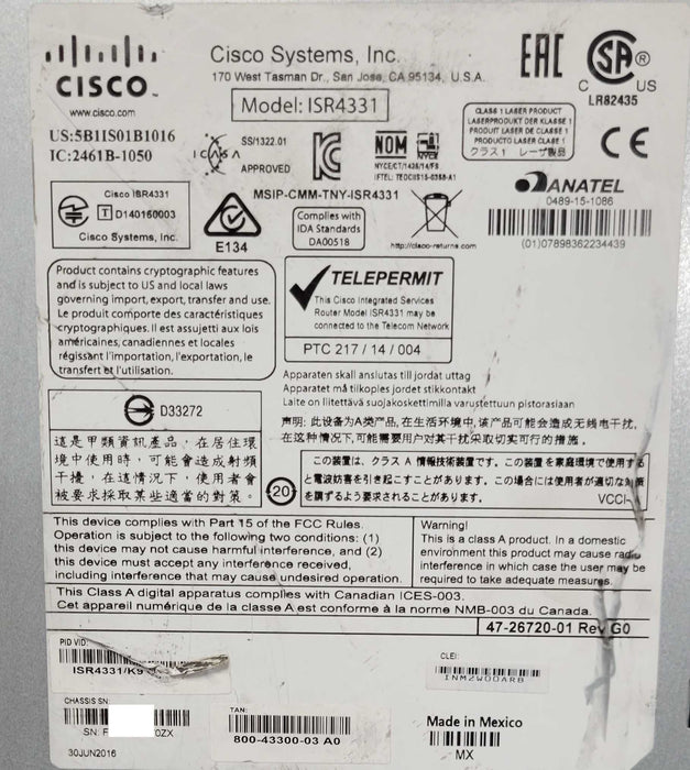 Cisco 4300 Series ISR4331/K9 ISR 4331 Services Router, See Detail _