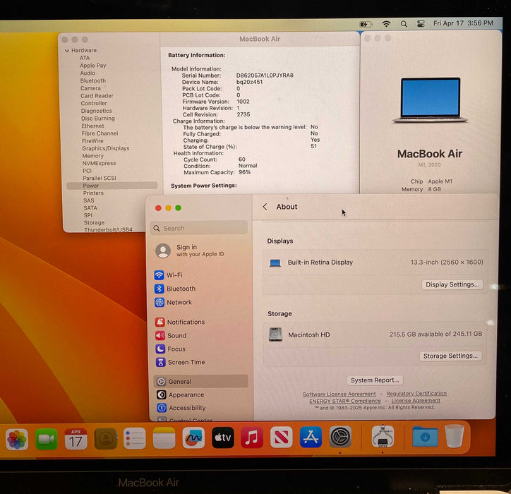 Apple MacBook Air M1 13 " 2020 8 GB RAM 256GB SSD No Power Adapter