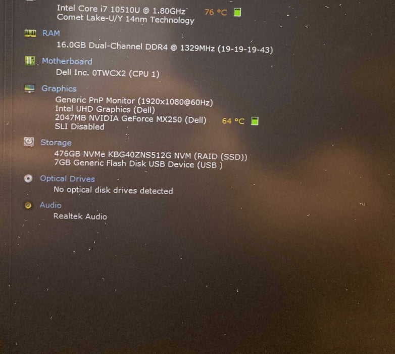Dell VOSTRO 5590 i7-10510U@1.8GHz GeForce MX250 2GB GPU 16GB RAM 512GBSSD